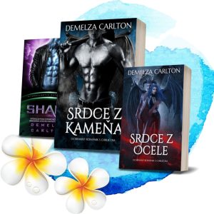 Book covers of Demelza Carlton's 'Srdce z Kamena' and 'Srdce z Ocele' with tropical flowers.